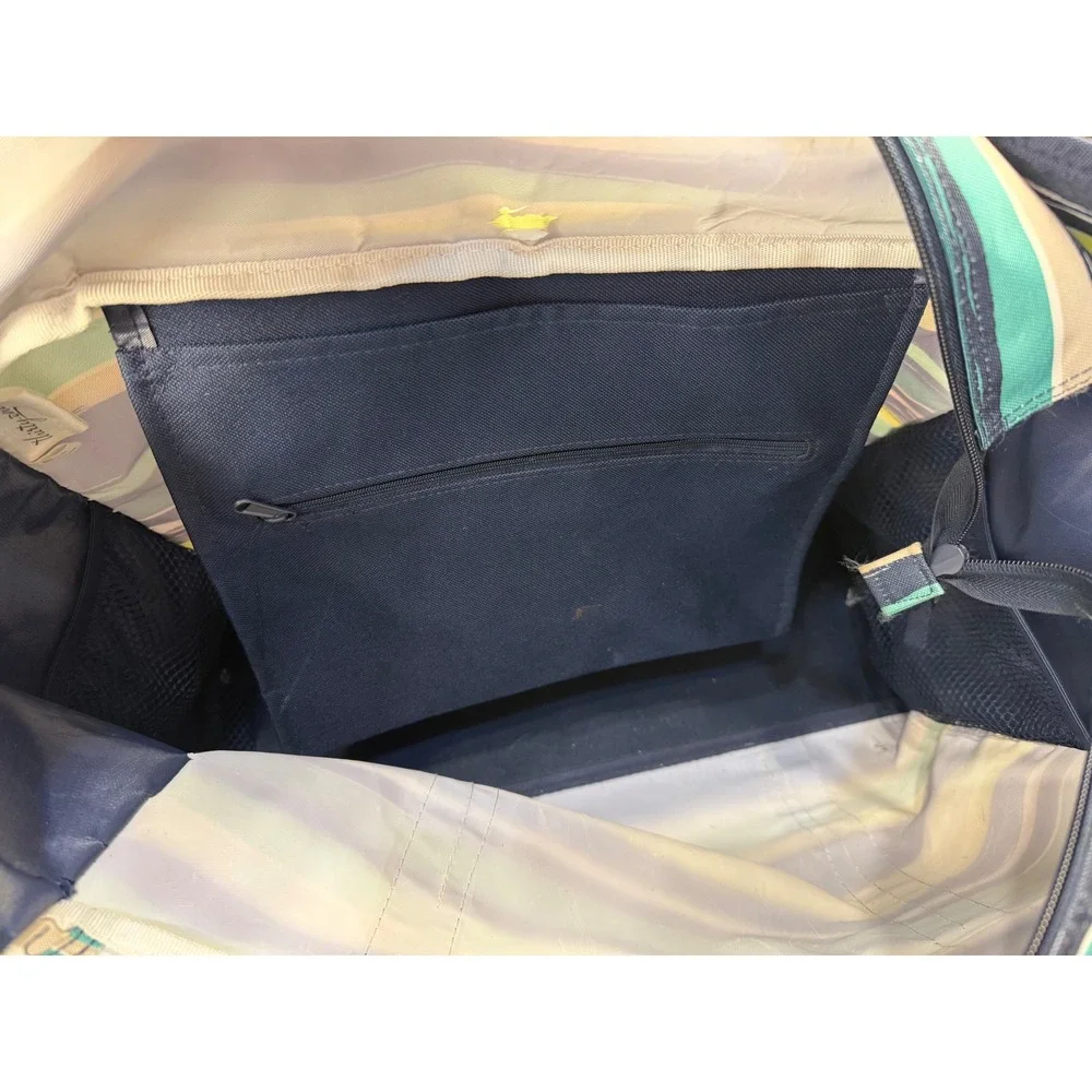 Thirty-One Zip-Top Utility Tote Navy Teal Striped Large Travel Beach Bag